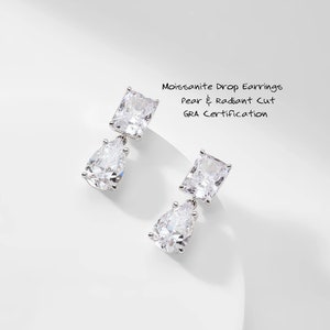 Pendientes colgantes de moissanita con corte pera y radiante en oro macizo de 14 k. Regalo de aniversario para ella.