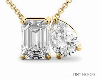 Collana con due pietre solitarie in oro massiccio 14k con smeraldo e moissanite a forma di pera, regalo per lei con moissanite solitaria, regalo di anniversario