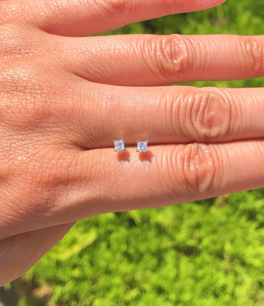 Princess Cut Stud Earrings in Cubic Zirconia Silver 14K Gold Solid