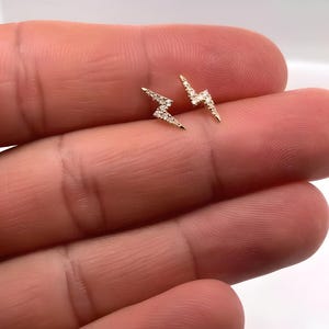 Tiny Diamond Lighting Bolt Stud Earrings-Silver-14K Solid White/Yellow/Rose Gold Created Diamond Lightning Bolt Push Back Stud