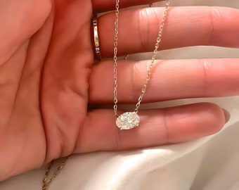 Ciondolo ovale con solitario in moissanite certificato in oro massiccio 14 carati • Collana con solitario • Collana con moissanite • Collana a strati • Sposa