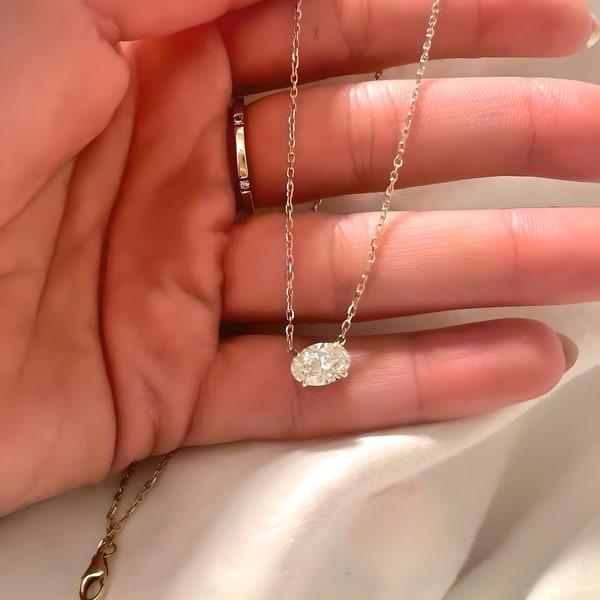 14K massief gouden gecertificeerde solitaire Moissaniet-ovale hanger • Solitaire-ketting •Moissaniet-ketting• Gelaagde ketting • Bruids