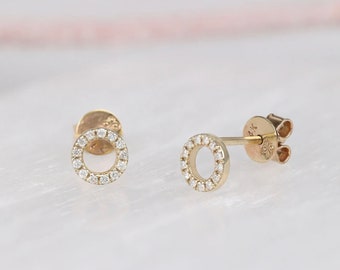 Diamond Circle Stud Earrings • 14k Solid Gold • Real Diamond • Round Earrings • Diamond Circle Shaped Studs • Women