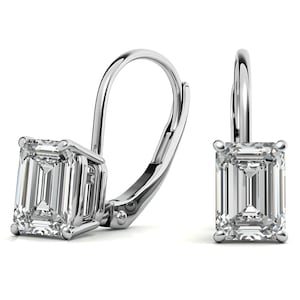 Certified Emerald Cut Moissanite Drop Leverback Earrings •  Certified • 14K Gold Solid •  Emerald Cut • Moissanite • Lever Back