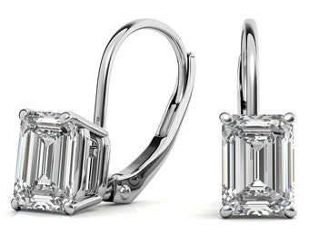 Orecchini a goccia con chiusura a leva in moissanite taglio smeraldo certificato • Certificato • Oro massiccio 14K • Taglio smeraldo • Moissanite • Chiusura a leva
