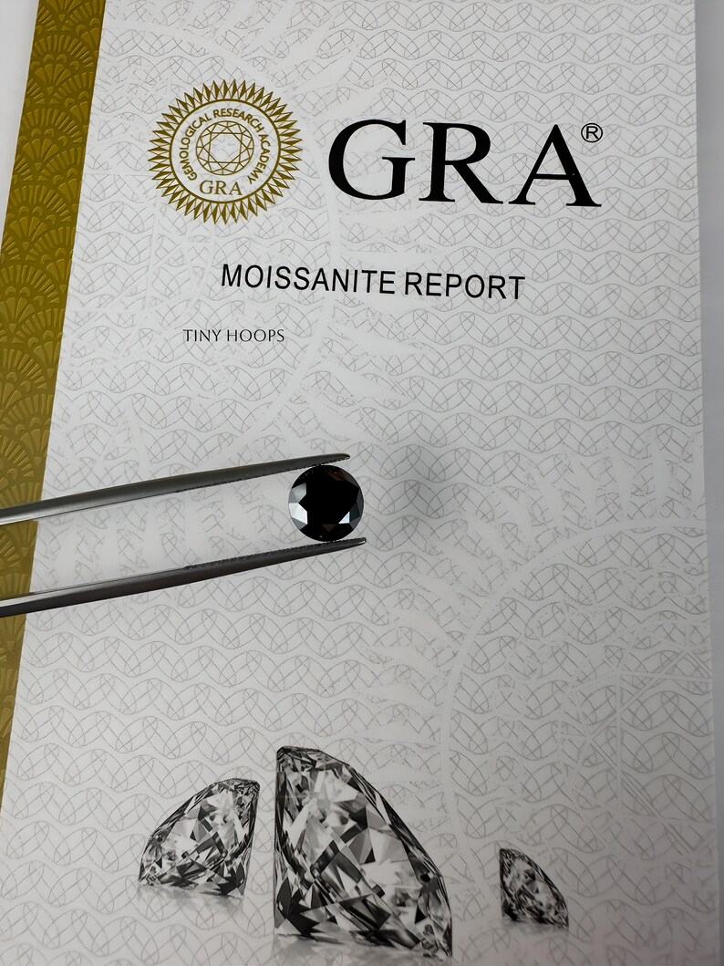 Op de afbeelding: Een witte kaart met de tekst "GRA Moissanite Report" en "Tiny Hoops". Een zwarte edelsteen wordt in een pincet boven de kaart gehouden. De kaart heeft een patroon van overlappende cirkels.