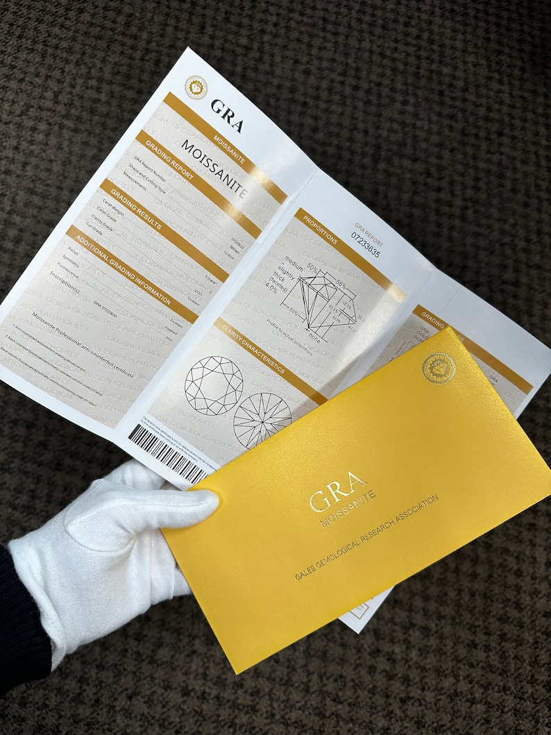 May include: A yellow envelope with the text "GRA Moissanite GALES GEMOLOGICAL RESEARCH ASSOCIATION" printed on it. The envelope is being held by a gloved hand. A folded piece of paper with a grading report for a moissanite stone is visible in the background.