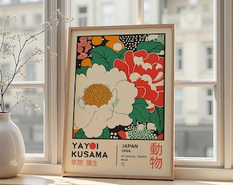 Póster de flores de peonía de Yayoi Kusama: Arte botánico abstracto japonés para decoración de paredes estilo museo