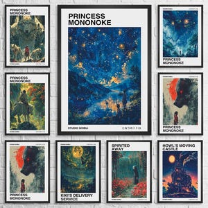 May include: A set of 8 framed posters featuring artwork from Studio Ghibli films. The posters are all black framed with white mats and feature different characters and scenes from the films. The films featured are Princess Mononoke, Kiki's Delivery Service, Spirited Away, and Howl's Moving Castle.