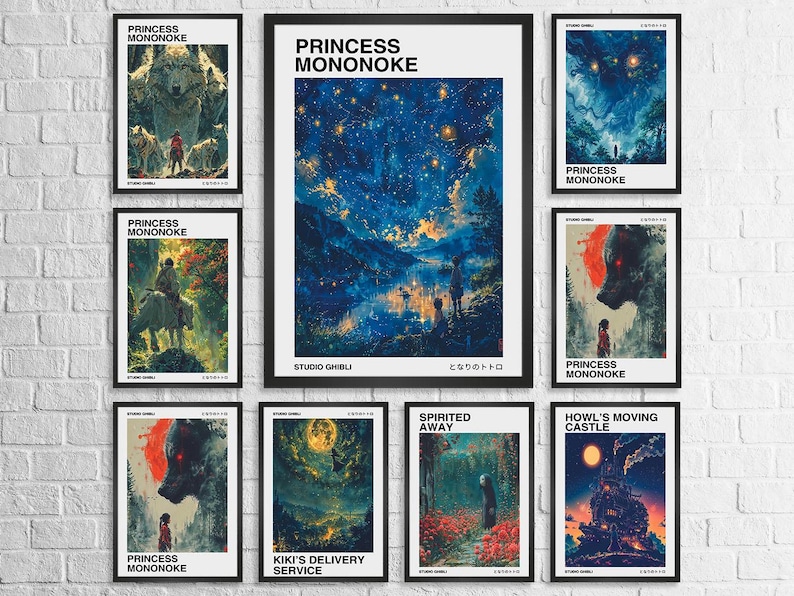 May include: A set of 8 framed posters featuring artwork from Studio Ghibli films. The posters are all black framed with white mats and feature different characters and scenes from the films. The films featured are Princess Mononoke, Kiki's Delivery Service, Spirited Away, and Howl's Moving Castle.