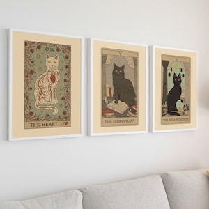 Conjunto de 3 impressões de cartas de tarô de gato | Arte de parede de bruxa boho | Arte de parede de gato | Presentes para amantes de gatos de tarô