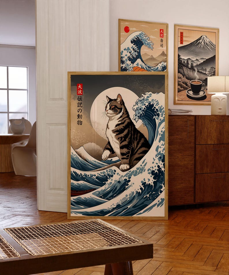 Japanese Tabby Cat Great Wave Art Print – Ukiyo-e Zen Poster - Etsy