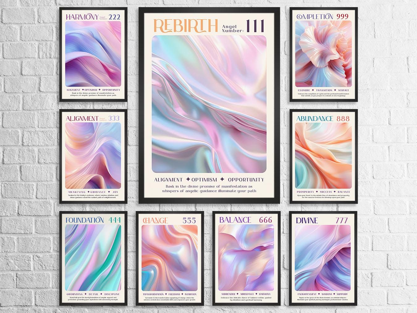 Ensemble de chiffres des anges, art mural dégradé, affiches de nombres angéliques Aura, affiches d'affirmation, impression dégradée d'art mural féminin art mural spirituel
