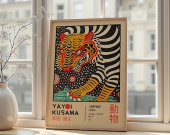 Póster Espíritu Tigre de Yayoi Kusama – Ilustración animal pop-art japonesa para decoración de pared estilo museo