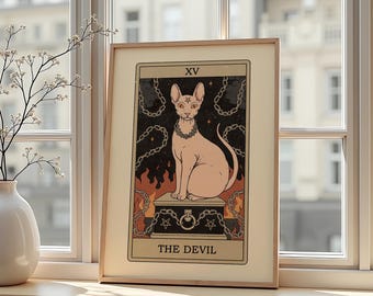 The Devil Cat Tarot Poster – Gothic Occult Cat Illustration Dark Art Wall Decor