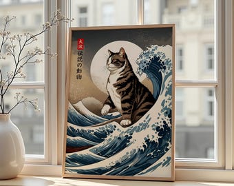 Japanese Tabby Cat Great Wave Art Print – Ukiyo-e Zen Poster