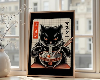 Ramen Cat Poster: Japanese Black Cat Art, Asian Kitchen Decor