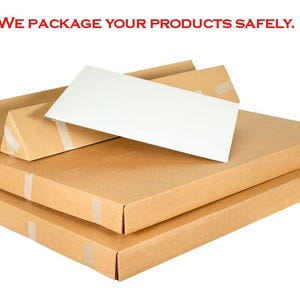 May include: A stack of brown cardboard boxes of varying sizes, some with white paper and tape. The text "WE PACKAGE YOUR PRODUCTS SAFELY" is in red at the top.