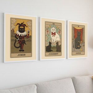 Conjunto de 3 impressões de cartas de tarô de gato | Arte de parede de bruxa boho | Arte de parede de gato | Presentes para amantes de gatos de tarô
