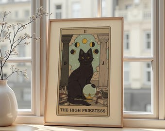 The High Priestess Cat Tarot Poster – Mystical Black Cat Illustration Wall Art for Intuition and Wisdom