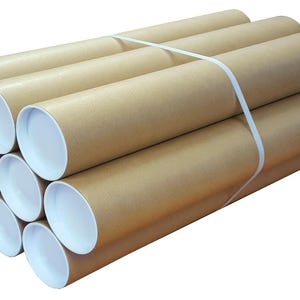 May include: A bundle of cylindrical cardboard tubes, each with a tan exterior and a white interior. The tubes are secured together with a white plastic strap. The tubes are likely for shipping or storage of rolled items.