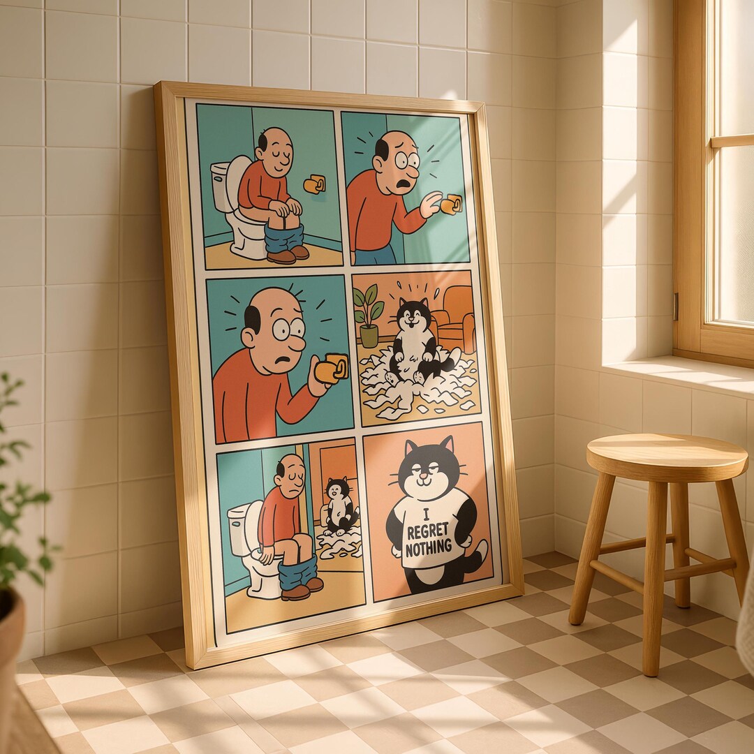 Funny Bathroom Comic Cat Poster Humorous Toilet Wall Decor Gift - Etsy