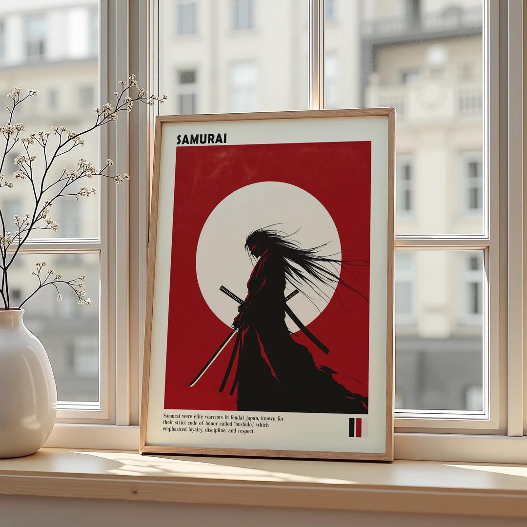 Samurai Poster Japanese Warrior Art Minimal Red Sun Wall Print - Etsy
