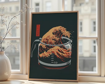 May include: Framed art print featuring a coffee maker with a wave design in shades of orange and brown. The print includes Japanese text in a red rectangle. The coffee maker is set against a dark green background.