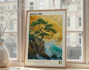 Bonsai Tree Japanese Art Print – Ukiyo-e Inspired Nature Wall Art with Symbolic Bonsai Landscape