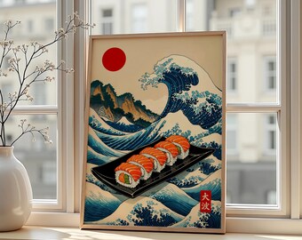 Sushi Great Wave Parody Art Print – Japanese Kitchen Decor