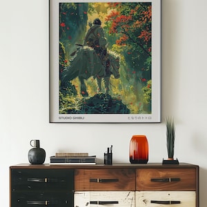 May include: A poster featuring a character riding a white wolf through a forest. The poster is titled "Princess Mononoke" and has the text "Studio Ghibli" and "もののけ姫" at the bottom.