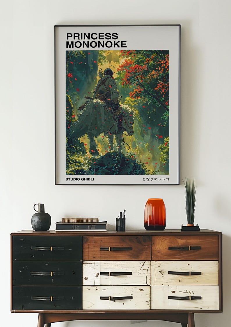 May include: A poster featuring a character riding a white wolf through a forest. The poster is titled "Princess Mononoke" and has the text "Studio Ghibli" and "もののけ姫" at the bottom.