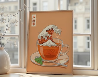 Może przedstawiać: Oprawiony wydruk artystyczny przedstawiający stylizowany obraz filiżanki herbaty z falą w środku. Grafika ma ciepłą paletę kolorów z odcieniami pomarańczu i brązu. Na spodku znajduje się łyżeczka i listek mięty. Japoński tekst w lewym górnym rogu.