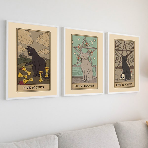 Set of 3 Tarot Poster Five Of Cups Cat Tarot Print Five Of Swords Cat Tarot Card poster Five Of Wands Cat Tarot Card Print