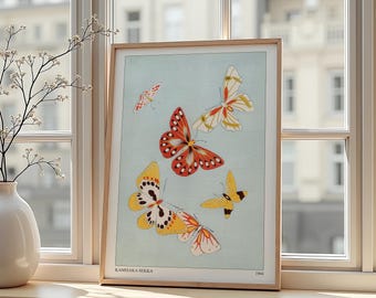 Impresión artística de mariposa japonesa inspirada en Kamisaka Sekka, decoración minimalista de pared