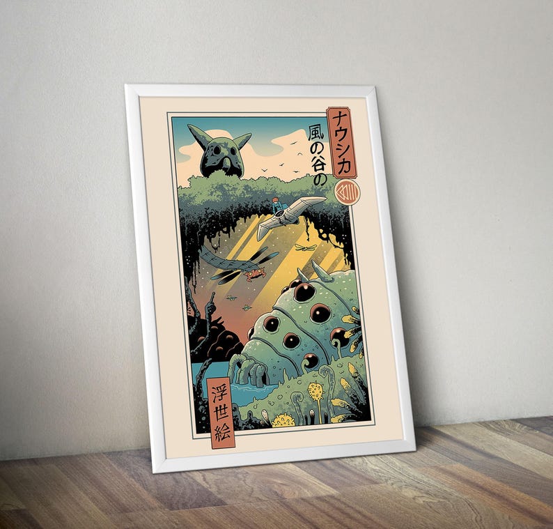 Puede incluir: Impresi&oacute;n art&iacute;stica enmarcada con una colorida ilustraci&oacute;n y texto japon&eacute;s. La obra de arte representa una escena fant&aacute;stica con una gran criatura de m&uacute;ltiples ojos, m&aacute;quinas voladoras y un personaje en vuelo. La paleta de colores incluye azules, verdes y naranjas.