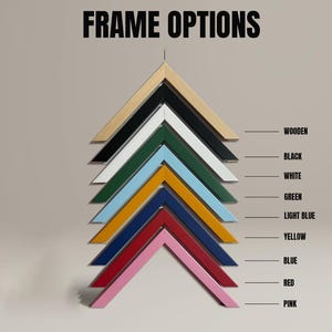 May include: An image showcasing a variety of frame options in different colors. The text "FRAME OPTIONS" is at the top. The frames are arranged in a chevron pattern, with colors including wooden, black, white, green, light blue, yellow, blue, red, and pink.