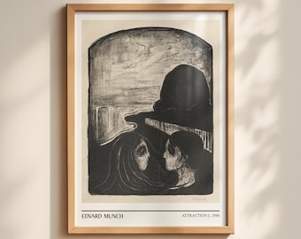 May include: A framed art print featuring Edvard Munch's Attraction I, 1896. The black and white lithograph depicts two figures facing each other against a dark, stylised landscape. The print is housed in a light-toned wooden frame with a clean border.