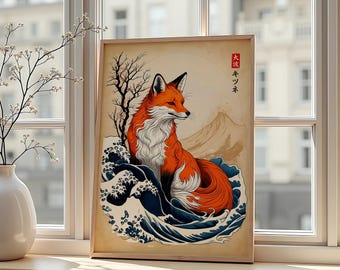 Japanese Fox Ukiyo-e Art Print – Kitsune Spirit Wave Poster