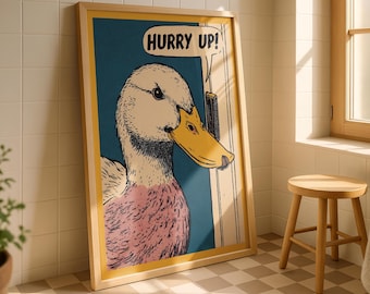 Hurry Up Duck Poster, Vintage Animal Wall Decor, Retro Illustration Print