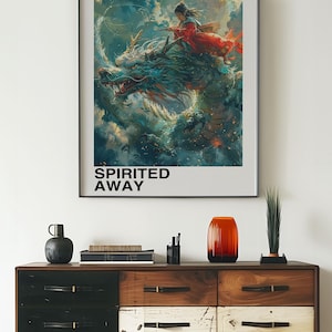 May include: A poster for the Studio Ghibli film "Spirited Away" featuring a young girl riding a dragon in the clouds. The poster has the Japanese text "となりのトトロ" and the title "Spirited Away" in black text.