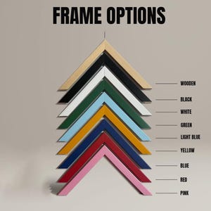Puede incluir: Imagen que muestra varias opciones de marcos en diferentes colores. El texto "FRAME OPTIONS" est&aacute; en la parte superior. Los marcos est&aacute;n dispuestos en un dise&ntilde;o en capas y en &aacute;ngulo, con colores como madera, negro, blanco, verde, azul claro, amarillo, azul, rojo y rosa.