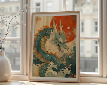 Japanese Dragon Art Print Ukiyo Style Mythical Wall Decor