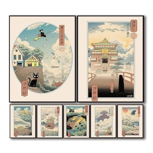 Puede incluir: Un conjunto de impresiones art&iacute;sticas enmarcadas con ilustraciones inspiradas en el anime japon&eacute;s. Las impresiones muestran escenas con personajes, edificios y paisajes en un estilo art&iacute;stico japon&eacute;s tradicional, con una paleta de colores azules, verdes y naranjas.
