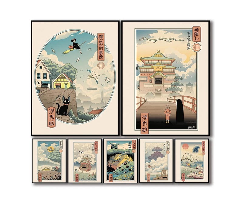 Puede incluir: Un conjunto de impresiones art&iacute;sticas enmarcadas con ilustraciones inspiradas en el anime japon&eacute;s. Las impresiones muestran escenas con personajes, edificios y paisajes en un estilo art&iacute;stico japon&eacute;s tradicional, con una paleta de colores azules, verdes y naranjas.