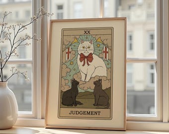 Tarotposter med domskatt – Himmelsk vit kattkonst för häxig mystisk bohemisk dekor