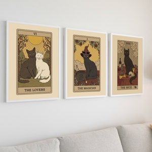 Conjunto de 3 impressões de cartas de tarô de gato | Arte de parede de bruxa boho | Arte de parede de gato | Presentes para amantes de gatos de tarô