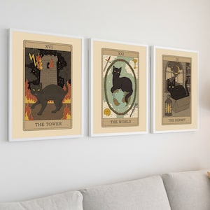 Conjunto de 3 impressões de cartas de tarô de gato | Arte de parede de bruxa boho | Arte de parede de gato | Presentes para amantes de gatos de tarô
