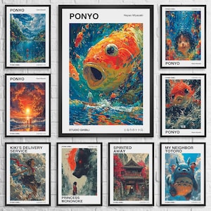 May include: A collection of nine movie posters featuring various Studio Ghibli films. The posters are framed and arranged in a grid pattern on a white brick wall. The posters feature characters and scenes from the films, including Ponyo, Kiki's Delivery Service, Princess Mononoke, Spirited Away, and My Neighbour Totoro.