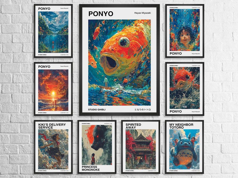 May include: A collection of nine movie posters featuring various Studio Ghibli films. The posters are framed and arranged in a grid pattern on a white brick wall. The posters feature characters and scenes from the films, including Ponyo, Kiki's Delivery Service, Princess Mononoke, Spirited Away, and My Neighbour Totoro.
